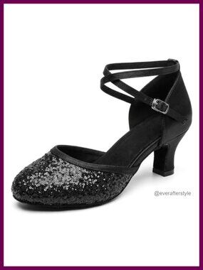 Glitter Sequin Latin Dance Shoes Suede Sole Ankle Strap Heel Dance Party